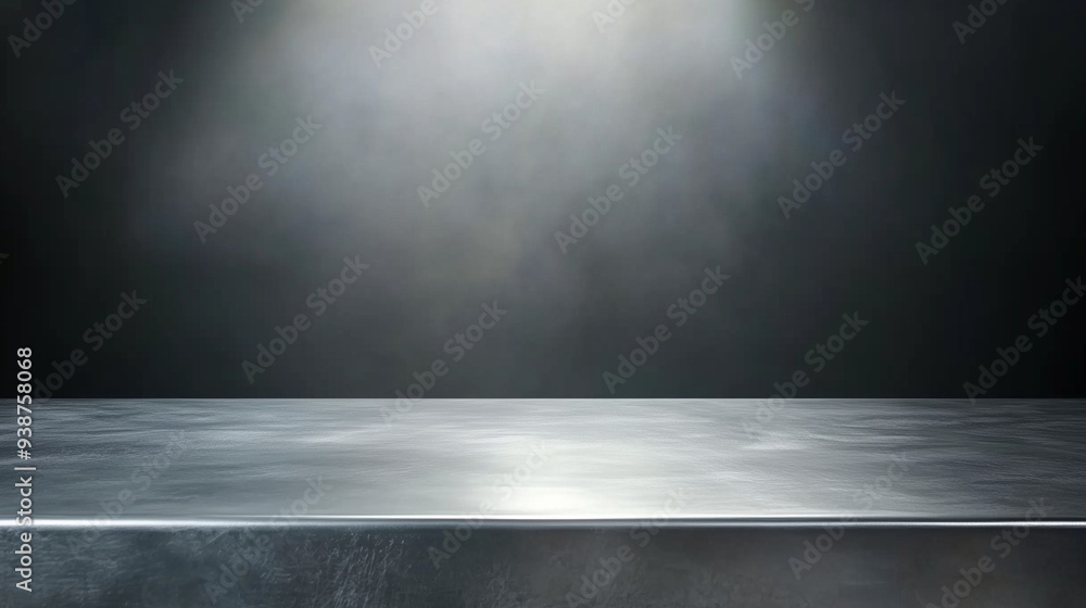 Wall mural dark grey background featuring an empty table illuminated by a spotlight, creating a blank steel tex