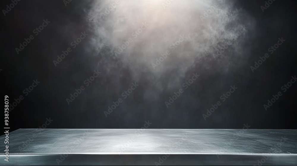 Wall mural dark grey background featuring an empty table illuminated by a spotlight, creating a blank steel tex