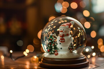 A snowman inside an empty glass dome with trees and house 