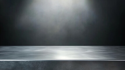 Dark grey background featuring an empty table illuminated by a spotlight, creating a blank steel texture surface ideal for product display in e-commerce or advertising concepts. This minimalistic setu