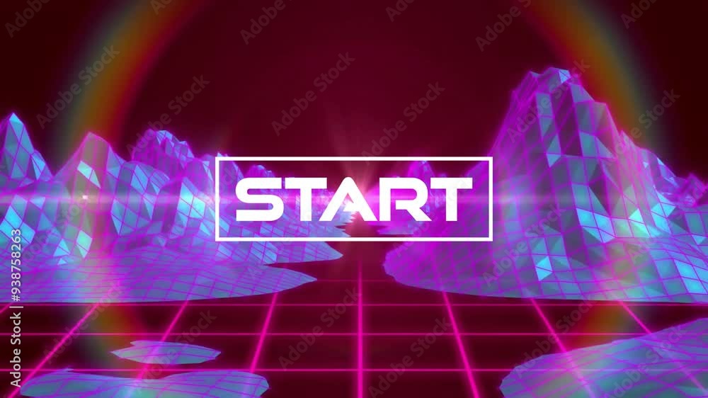 Poster animating text over neon grid landscape with mountains in background