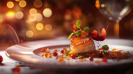 Artisanal Gourmet Dish with Elegant Presentation in a Fine Dining Setting