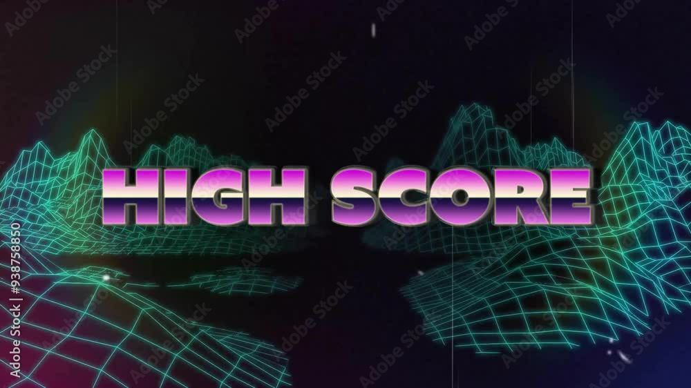 Poster high score text animating over neon grid landscape in retro style