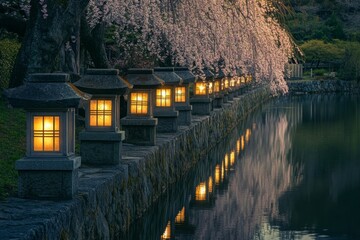 Japanese Stone Lanterns and Cherry Blossoms Reflecting in a Pond.