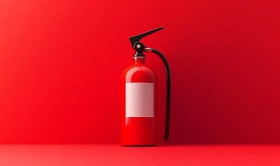 Obraz premium Red fire extinguisher with blank label on a red background.