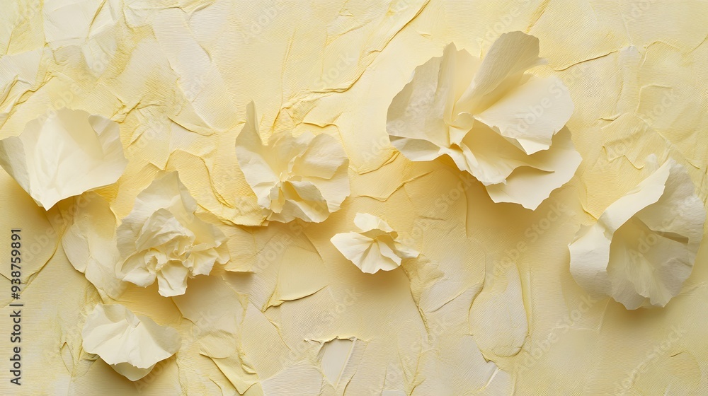 Wall mural this image features a textured yellow background adorned with abstract crumpled white paper shapes, 