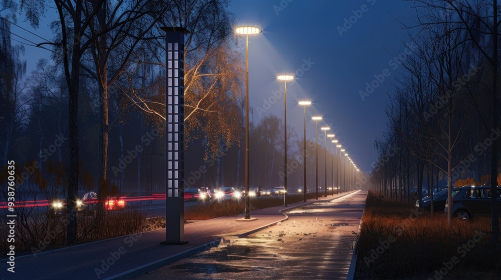 Poster design a road light with a sleek, cylindrical shape and an innovative, downward-focused led array