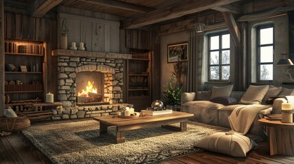 Design a rustic living room with a wooden coffee table, a cozy armchair, and a large, textured rug