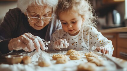A grandmother and her young granddaughter enjoy baking together, covered in flour, as they decorate cookies in a warm, cozy kitchen. 