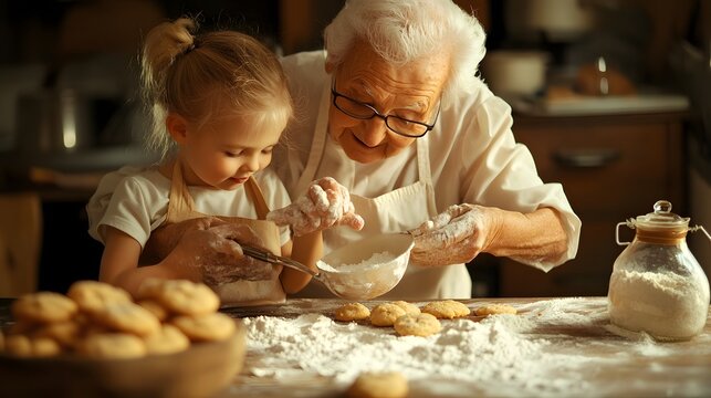 A joyful grandmother and her granddaughter bake cookies together, showcasing a heartwarming moment of family bonding in a cozy kitchen.
