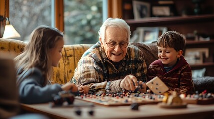 Fototapeta premium A joyful elderly man engages in play with two children, fostering intergenerational connections in a cozy living room setting. 