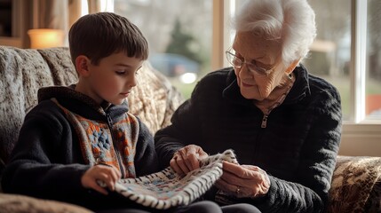 A young boy sits with his elderly grandmother, engaged in a warm, educational moment as they work on a craft project together in a cozy, sunlit living room. 