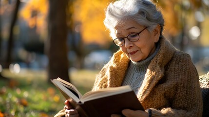 A serene elderly woman enjoying a book in a beautifully lit autumn park. 