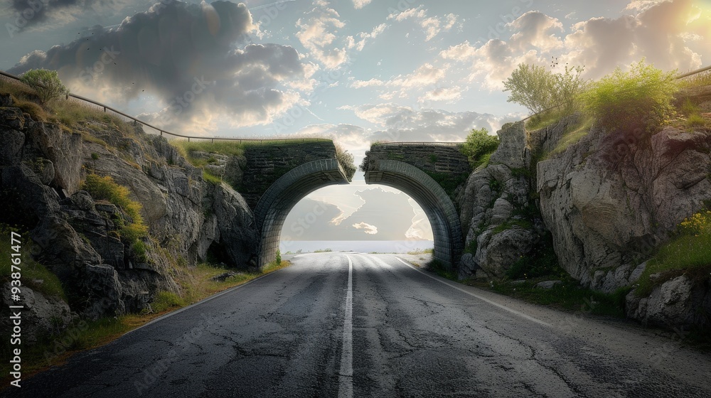 Poster a scene featuring a fork in the road with one route crossing a historic stone bridge and the other p