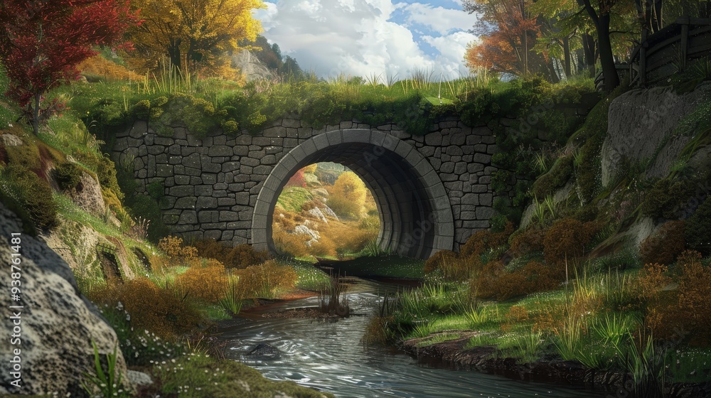 Poster a scene featuring a fork in the road with one route crossing a historic stone bridge and the other p