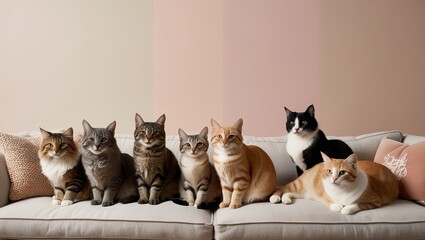 an image of a group of cats sitting together on a cozy sofa with a flat, solid color backdrop.