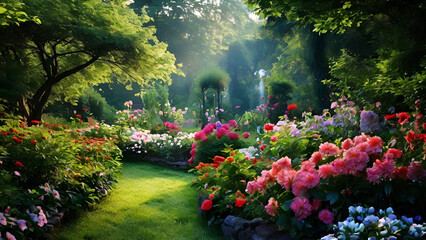 A picturesque garden adorned with blooming flowers and verdant grass, exemplifying a serene and inviting outdoor space.
