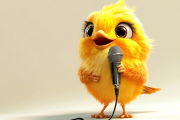 Cute cartoon chick holding a microphone, singing a song.