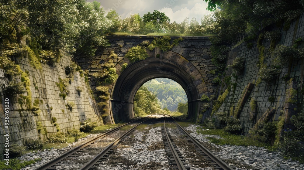 Poster a scene featuring a fork in the road with one route crossing a historic stone bridge and the other p