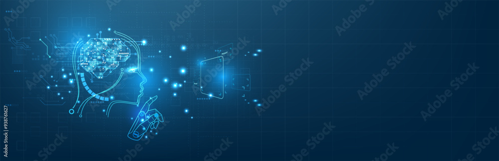 Poster technology artificial intelligence (ai) brain animation digital data concept.big data flow analysis.