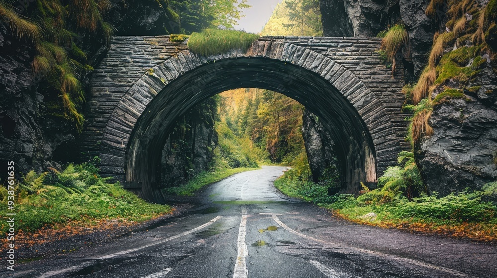 Poster a scene featuring a fork in the road with one route crossing a historic stone bridge and the other p