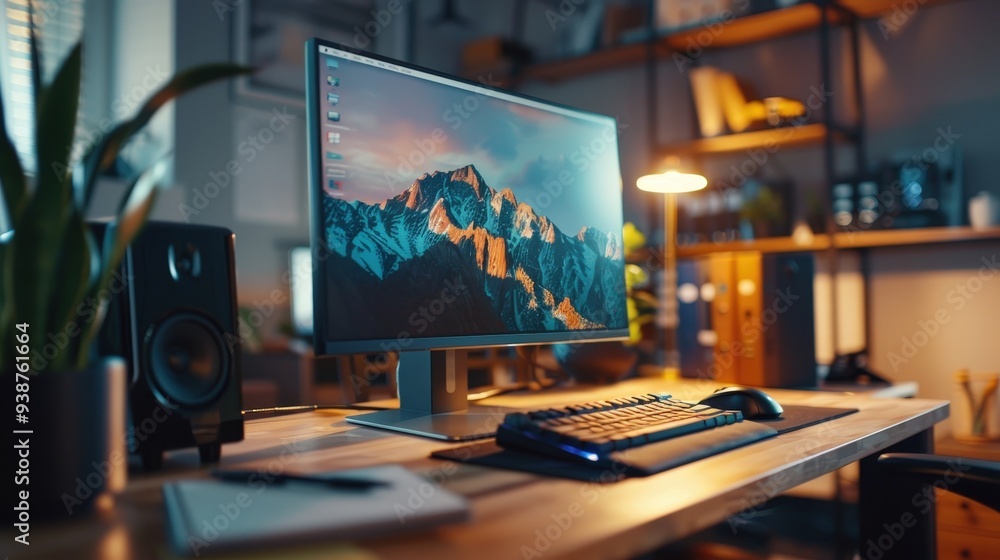 Aufkleber a scene featuring a high-resolution office computer, including a large monitor and an ergonomic keyb