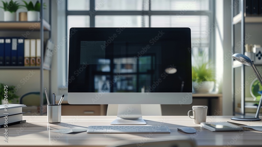Poster a scene featuring a high-resolution office computer, including a large monitor and an ergonomic keyb