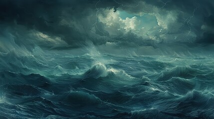 a scene featuring dark clouds in the distance over an open sea, with turbulent waves and a sense of impending storm.