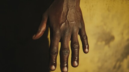 Fototapeta premium A medium shot of a hand with dark brown skin displaying rash and blisters due to monkeypox virus The hand is open with fingers spread slightly placed against a dark wooden surface creating a strong co
