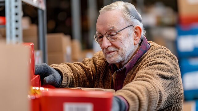 A senior man with glasses and a cardigan carefully organizes red boxes in a warehouse setting, showcasing dedication and attention to detail in his work environment.