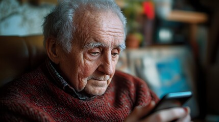 Obraz premium An elderly man wearing a cozy sweater intently examines his smartphone while sitting in a warm, inviting indoor environment. 
