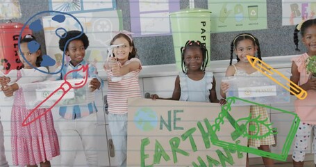 Children holding recycling signs and bags over environmental awareness animation