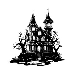 Silhouette Halloween house with bats flying around it and a pumpkin on the ground isolated on white background.