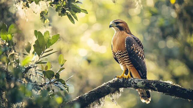 Red-shouldered Hawk (Buteo lineatus) perched on a tree branch in a forested area, with the sunlight filtering through the leaves and highlighting its reddish plumage.. A majestic hawk perched on a mos