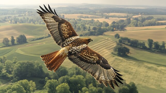Red-tailed Hawk (Buteo jamaicensis) soaring high above a rural landscape, with expansive farmland, rolling hills, and a distant forest.. A majestic hawk soars gracefully above lush, rolling green fiel