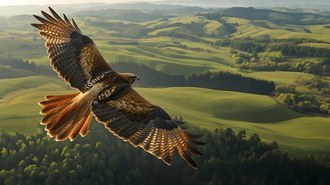 Red-tailed Hawk (Buteo jamaicensis) soaring high above a rural landscape, with expansive farmland, rolling hills, and a distant forest.. A majestic hawk soars gracefully over lush, green hills and rol