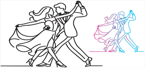 A dancing couple, black outline, Single continuous line drawing man and woman performing dance	
vector