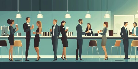 businesspeople in an office, standing and talking to each other while drinking coffee. modern office interior. They wear formal attire with suits and dresses. Flat design blue tone vector illustration
