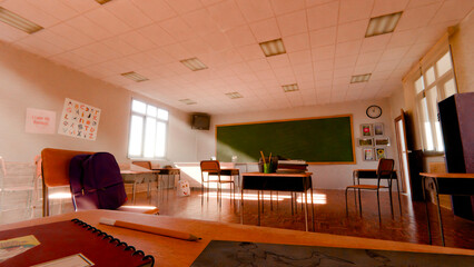 classroom setup features a classic chalkboard that’s perfect for teachers to write lessons and notes. The sturdy desk provides a comfortable space for students to focus on their work, 3D rendering