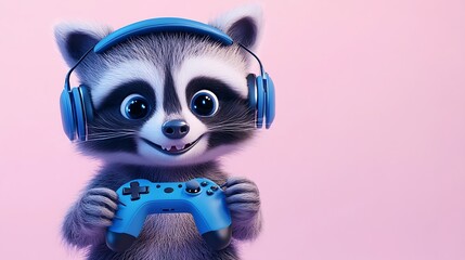 Fototapeta premium Cute raccoon wearing headphones and holding a game controller.