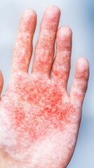 A closeup of a paleskinned hand showing an outbreak of monkeypox virus with red rash and swollen blisters The hand is resting on a soft fabric surface with the blisters prominently visible on the knuc