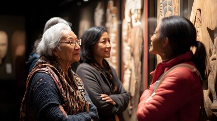A diverse group of women engaging in conversation while appreciating cultural artifacts in a museum setting. 
