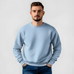 Fototapeta premium A young man wearing a light blue sweatshirt mockup poses confidently against a plain background, showcasing contemporary casual fashion. 