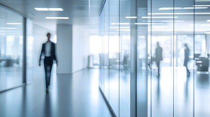 A professional walking in a modern office corridor with blurred figures in the background, conveying a sense of business and productivity. 