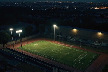 Aerial shot of an empty sport field at night in a dark yard with long shadows. One street lamp.