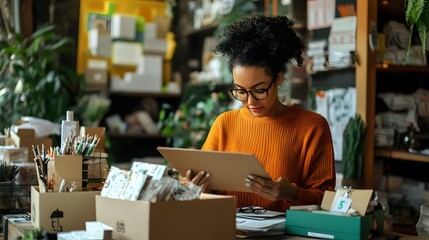 A woman with curly hair and glasses is intently looking at a document in a cozy, well-decorated workspace filled with stationery and plants. 