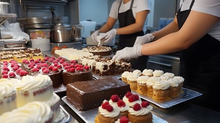 A vibrant bakery scene showcasing a variety of elegantly decorated cakes and pastries being prepared by skilled bakers. 