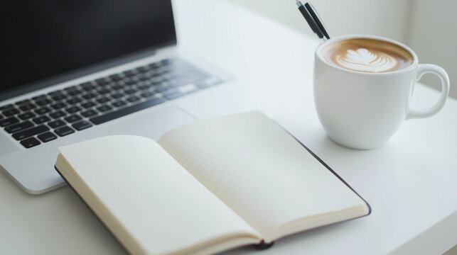 coffee and laptop, A open notebook on a white desk, with a modern laptop and a cup of coffee beside