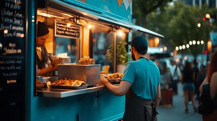 A vibrant food truck scene showcasing a customer receiving a delicious meal from an engaging vendor in an outdoor urban setting. 