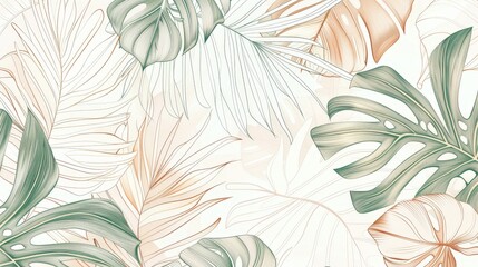 a sophisticated tropical pattern with delicate line drawings of tropical plants and subtle gradients.